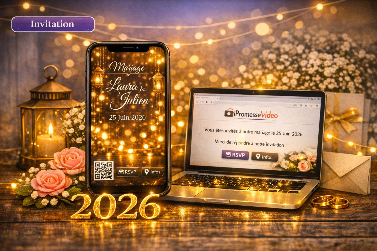 Invitation numérique de mariage en style premium, aperçu animé sur smartphone