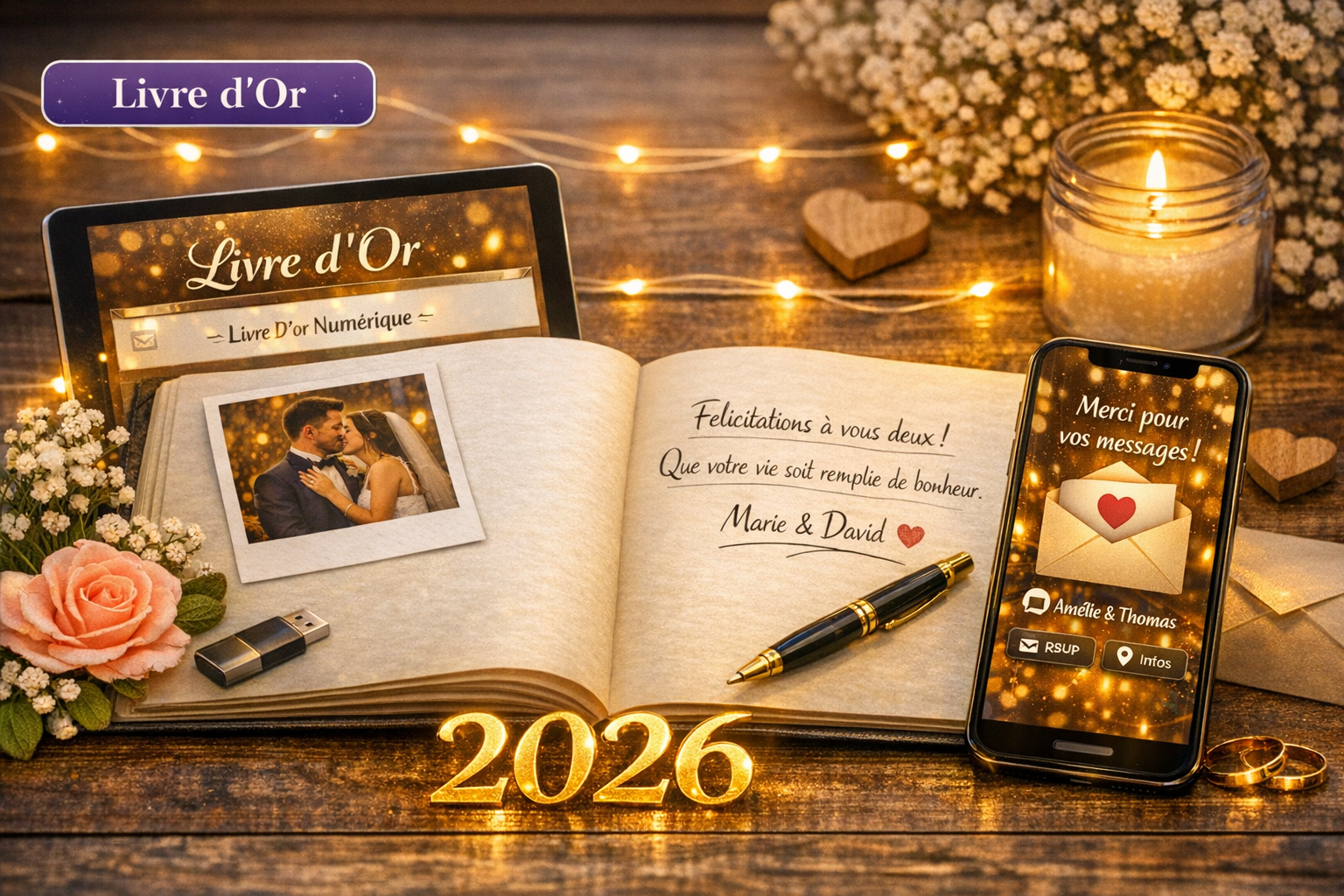 Livre d'or numérique de mariage, interface élégante pour messages et photos