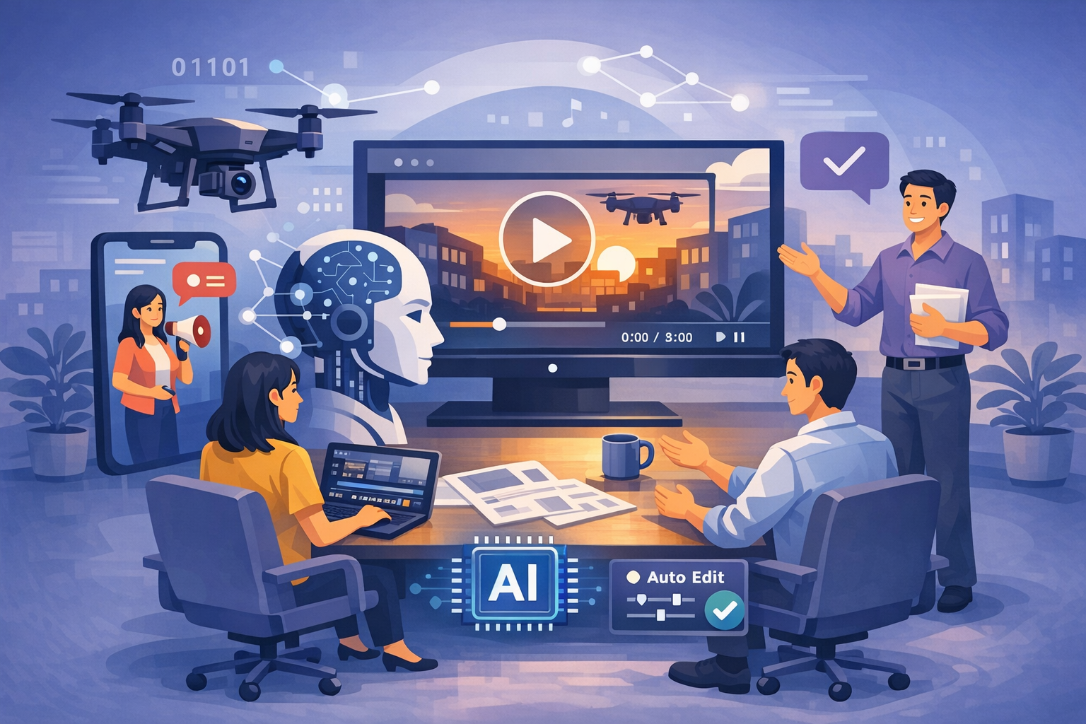 Illustration d’un drone filmant une ville avec intelligence artificielle et analyse vidéo automatisée