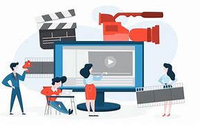 Illustration de production vidéo avec caméra, clap et équipe travaillant sur un projet institutionnel
