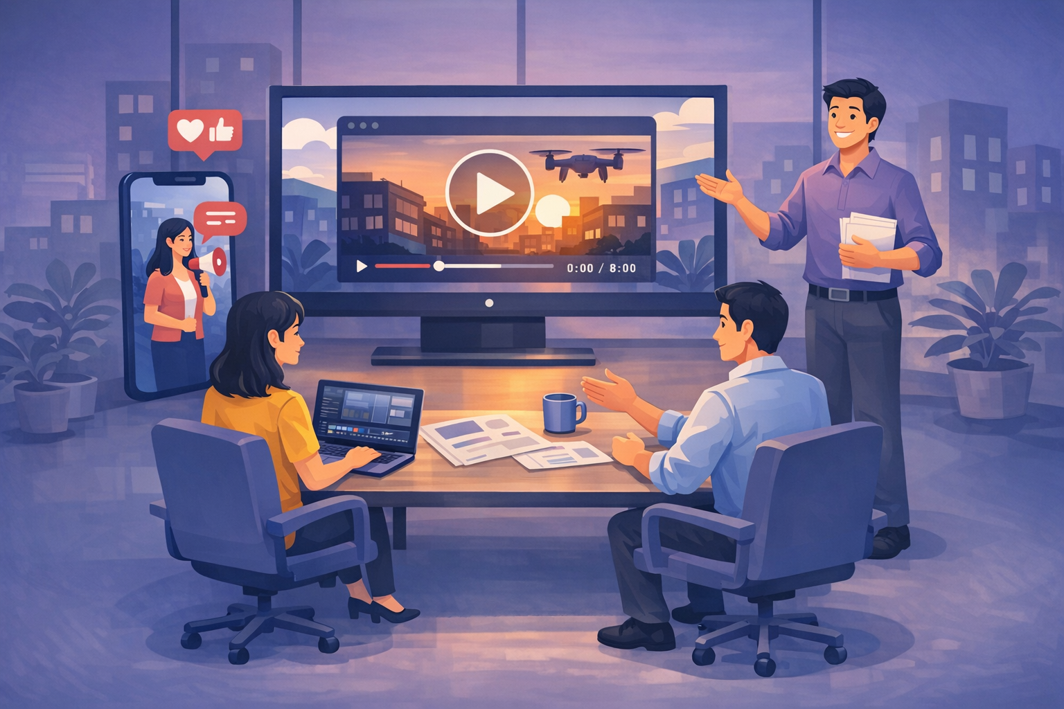 Illustration d’une équipe qui visionne et valide un film institutionnel finalisé sur grand écran