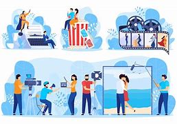 Illustration des services de production vidéo avec équipe de tournage, acteurs et matériel professionnel