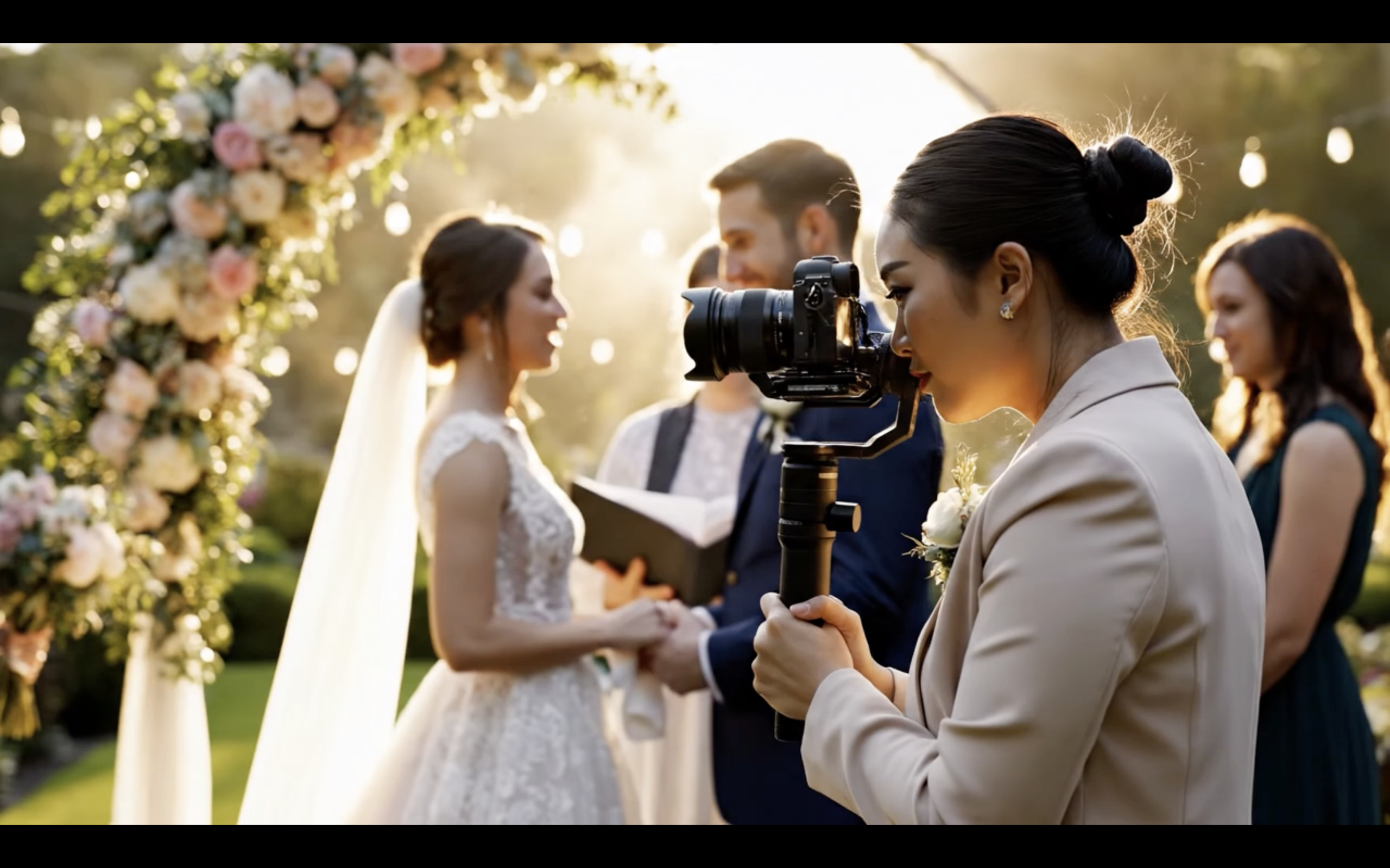Couple de mariés filmé en style cinéma, ambiance dorée